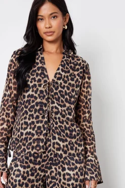 Leopard Print Chiffon Tie Front Blouse