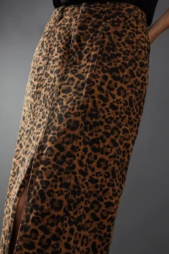 Leopard Print Denim Maxi Skirt