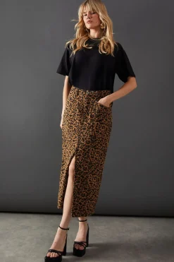 Leopard Print Denim Maxi Skirt