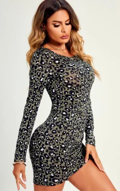 Leopard Print Ruched Detail Mini Dress In Olive Green