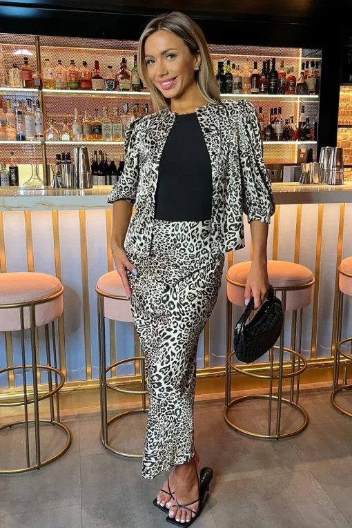 Leopard Print Satin Midi Length Skirt