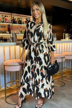 Leopard Print Shirt Midi Dress
