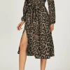 Leopard Print Split Leg Midi Shirt Dress