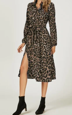 Leopard Print Split Leg Midi Shirt Dress