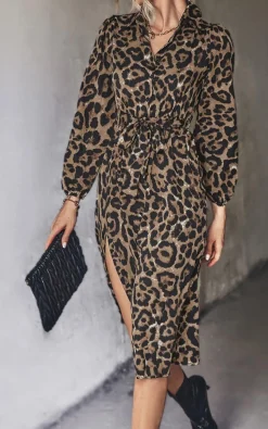 Leopard Print Split Leg Midi Shirt Dress