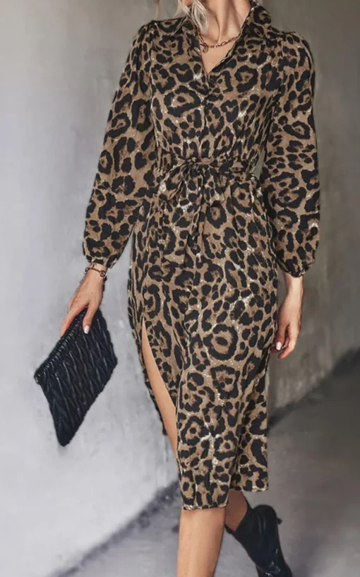 Leopard Print Split Leg Midi Shirt Dress
