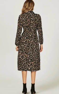 Leopard Print Split Leg Midi Shirt Dress
