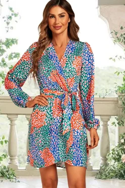 Leopard Print Wrap Mini Dress In Blue