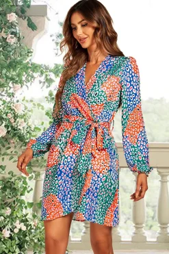 Leopard Print Wrap Mini Dress In Blue