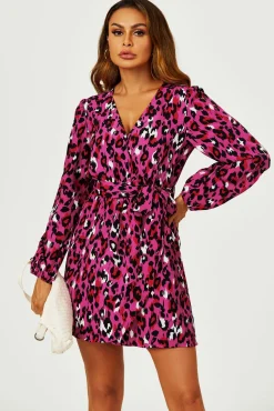 Leopard Print Wrap Top Mini Dress In Magenta