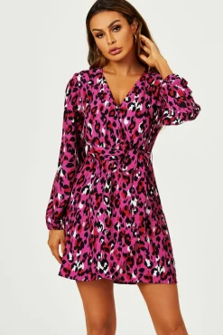 Leopard Print Wrap Top Mini Dress In Magenta