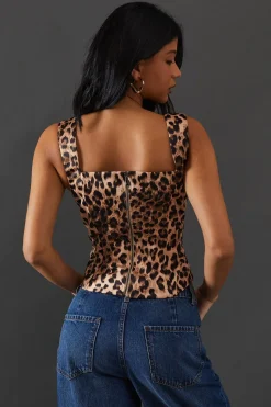 Leopard Satin Tie Front Corset Top