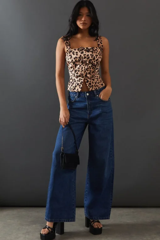 Leopard Satin Tie Front Corset Top