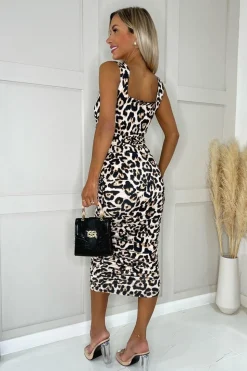 Leopard Square Neck Sleeveless Ruched Bodycon Midi Dress