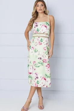 Lime Floral Scuba Column Trim Insert Midi Dress