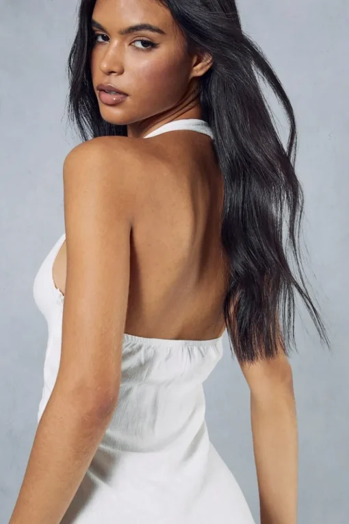 Linen Look Twist Detail Halterneck Maxi Dress