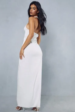 Linen Look Twist Detail Halterneck Maxi Dress