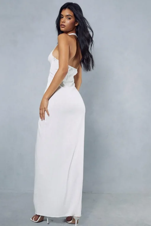 Linen Look Twist Detail Halterneck Maxi Dress