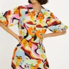 Linen Mix Floral Puff Sleeve Mini Shirt Dress