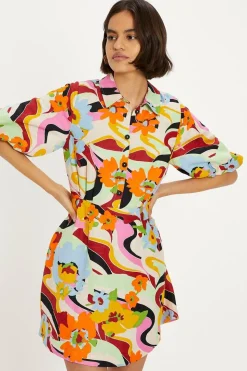 Linen Mix Floral Puff Sleeve Mini Shirt Dress
