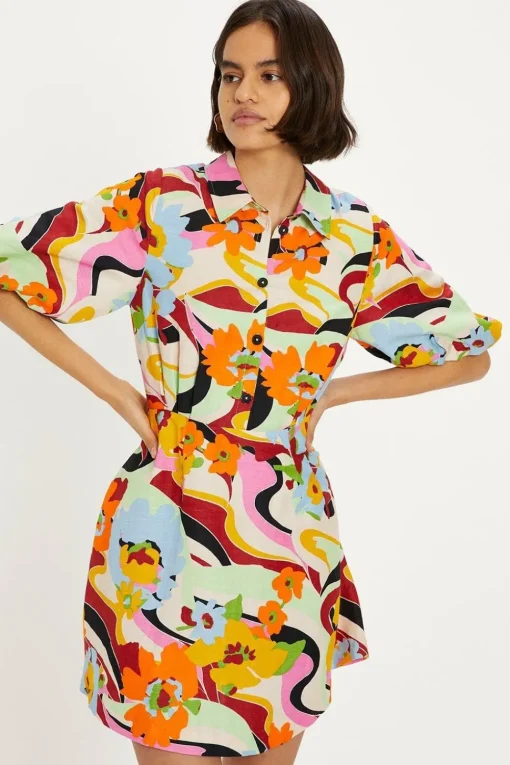 Linen Mix Floral Puff Sleeve Mini Shirt Dress