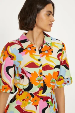 Linen Mix Floral Puff Sleeve Mini Shirt Dress