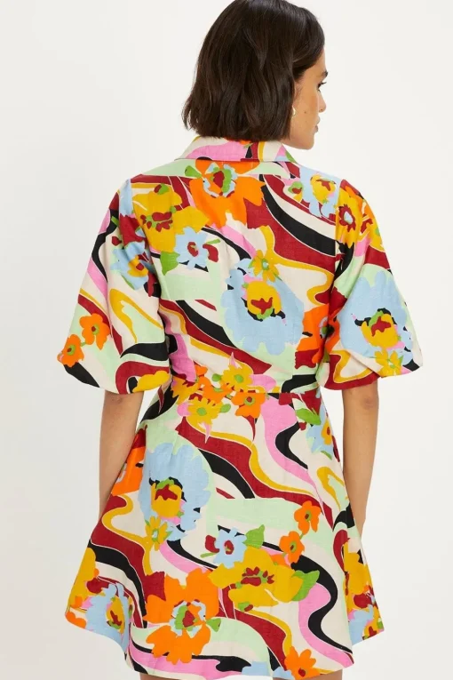 Linen Mix Floral Puff Sleeve Mini Shirt Dress