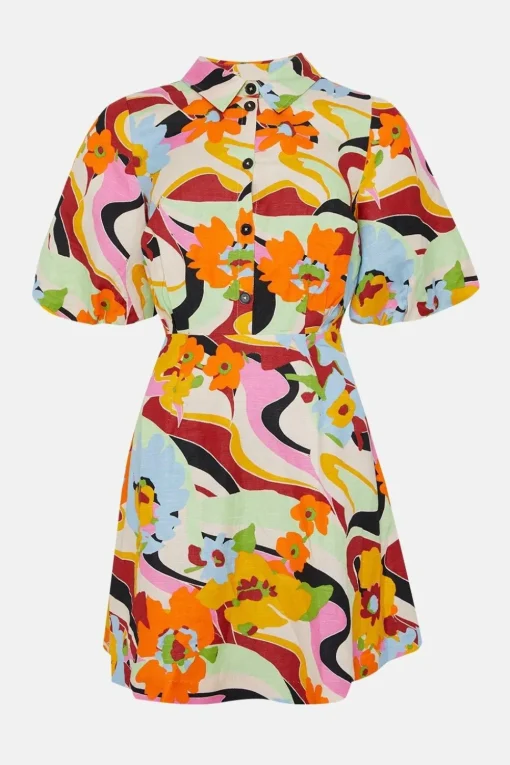 Linen Mix Floral Puff Sleeve Mini Shirt Dress