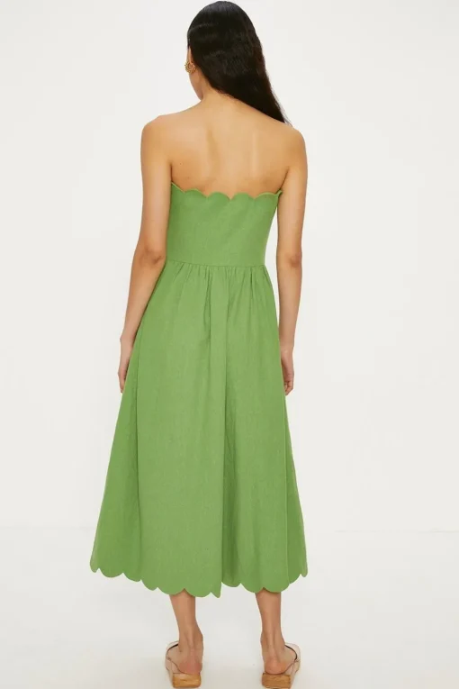 Linen Mix Scallop Detail Midi Dress
