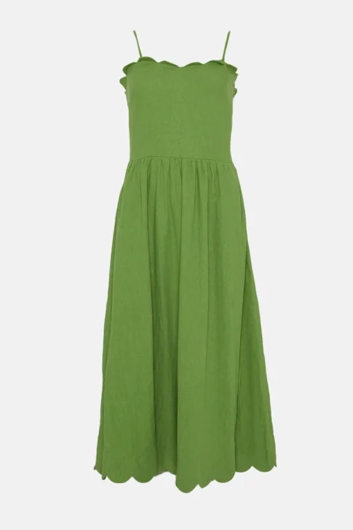 Linen Mix Scallop Detail Midi Dress