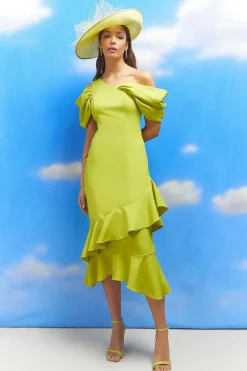 Lisa Tan Bardot Detail Ruffle Skirt Crepe Midi Dress