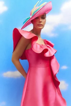 Lisa Tan Off Shoulder Ruffle Twill Midi Dress