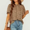 Little Heart Print Angle Sleeve High Neck Top/Blouse In Beige