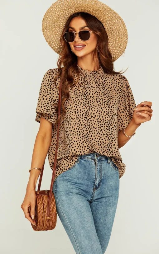 Little Heart Print Angle Sleeve High Neck Top/Blouse In Beige