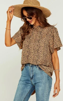 Little Heart Print Angle Sleeve High Neck Top/Blouse In Beige