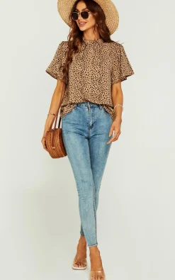 Little Heart Print Angle Sleeve High Neck Top/Blouse In Beige