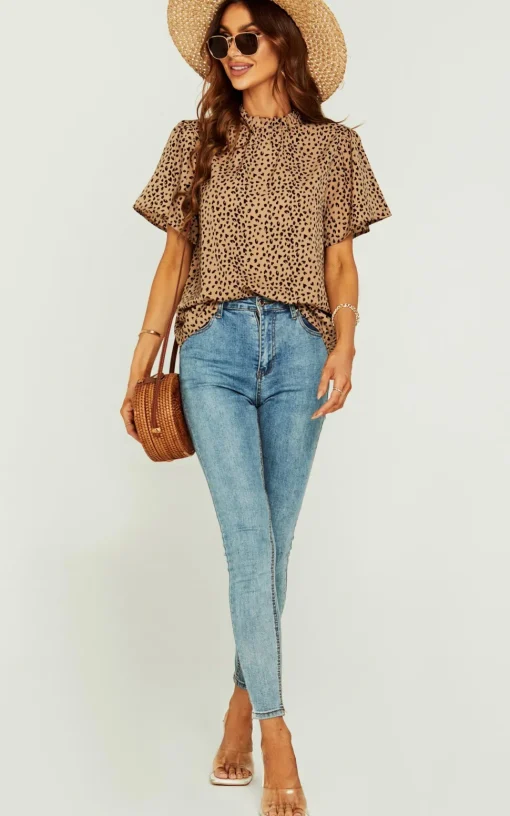 Little Heart Print Angle Sleeve High Neck Top/Blouse In Beige