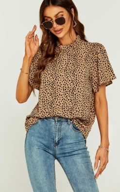 Little Heart Print Angle Sleeve High Neck Top/Blouse In Beige