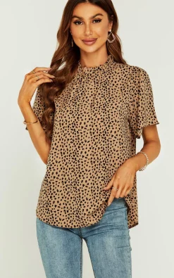 Little Heart Print Angle Sleeve High Neck Top/Blouse In Beige