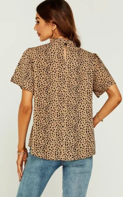 Little Heart Print Angle Sleeve High Neck Top/Blouse In Beige