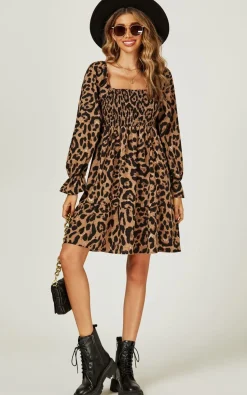 Long Puff Sleeve Mini Dress In Brown Leopard Print