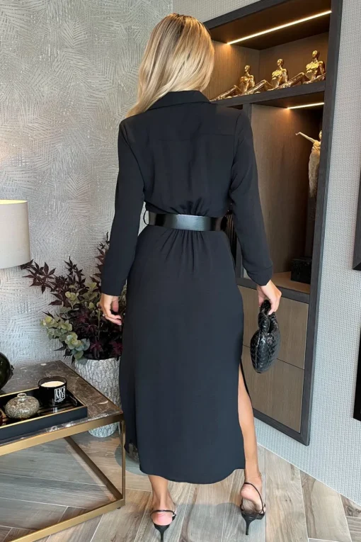 Long Sleeve Belted Shirt Midi Dress