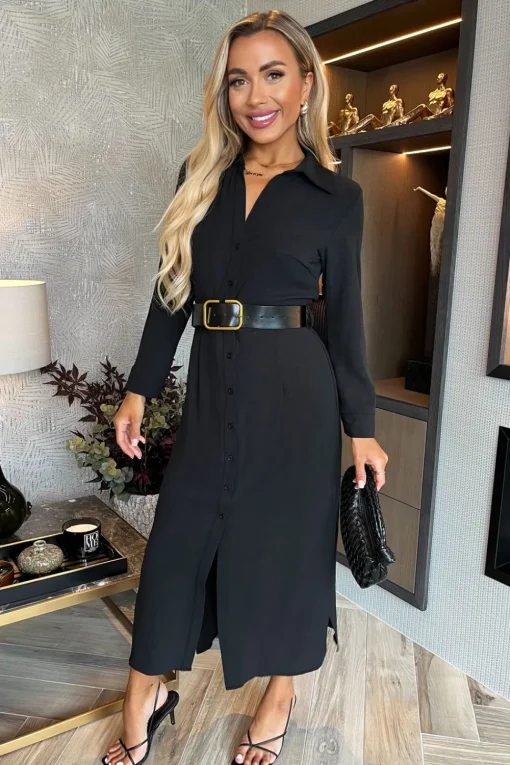 Long Sleeve Belted Shirt Midi Dress