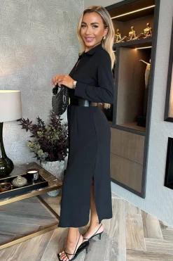 Long Sleeve Belted Shirt Midi Dress