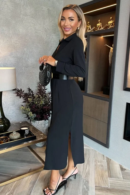Long Sleeve Belted Shirt Midi Dress