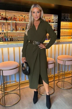 Long Sleeve Belted Wrap Midi Shirt Dress