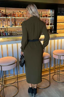 Long Sleeve Belted Wrap Midi Shirt Dress