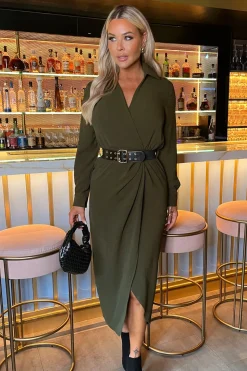Long Sleeve Belted Wrap Midi Shirt Dress