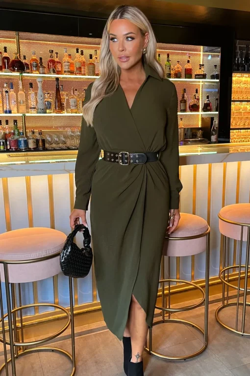 Long Sleeve Belted Wrap Midi Shirt Dress