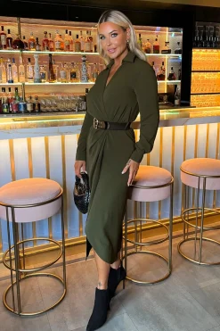 Long Sleeve Belted Wrap Midi Shirt Dress
